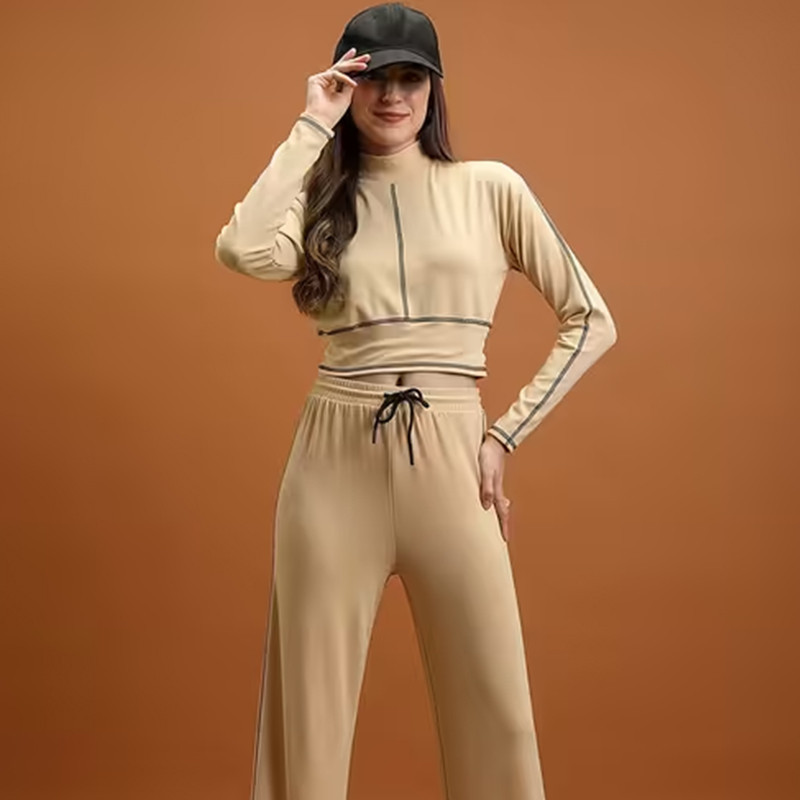 women beige polyester solids top and trouser set