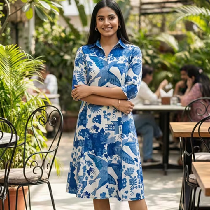 Women printed three quarter sleeve a-line dress