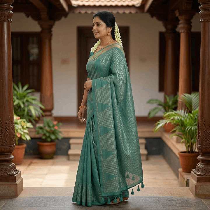 Emerald Green Woven Linen Saree with Metallic Grid & Geometric Border