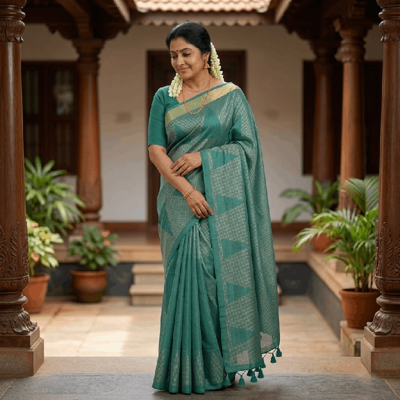 Emerald Green Woven Linen Saree with Metallic Grid & Geometric Border