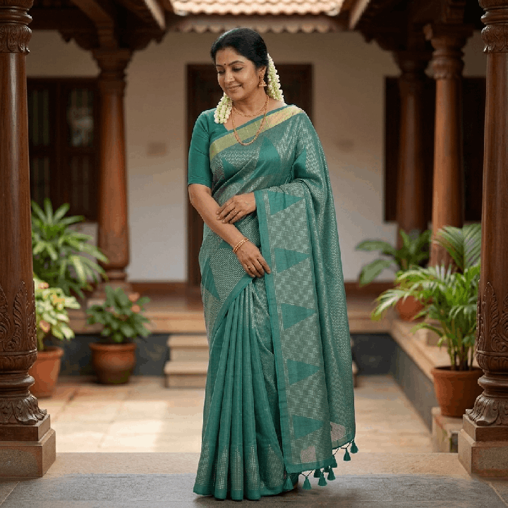 Emerald Green Woven Linen Saree with Metallic Grid & Geometric Border