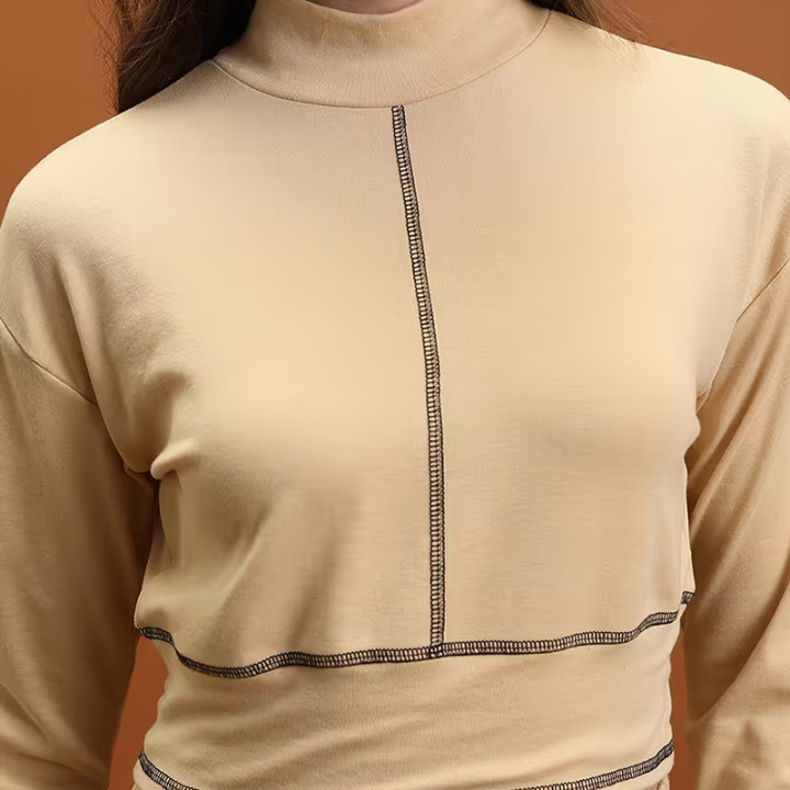 women beige polyester solids top and trouser set