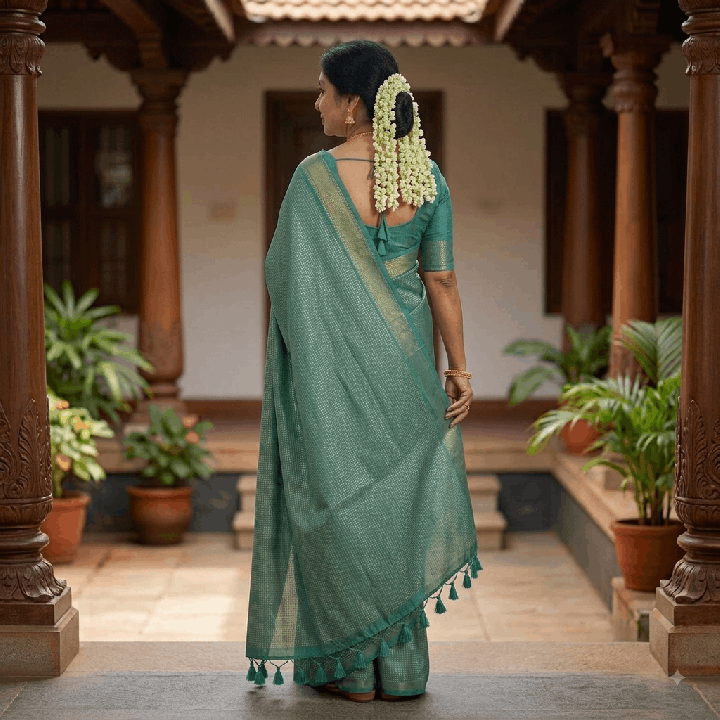 Emerald Green Woven Linen Saree with Metallic Grid & Geometric Border