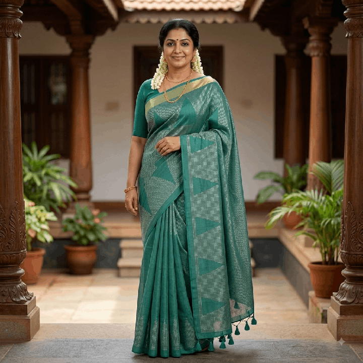 Emerald Green Woven Linen Saree with Metallic Grid & Geometric Border