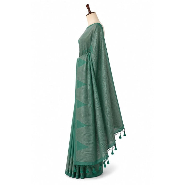 Emerald Green Woven Linen Saree with Metallic Grid & Geometric Border