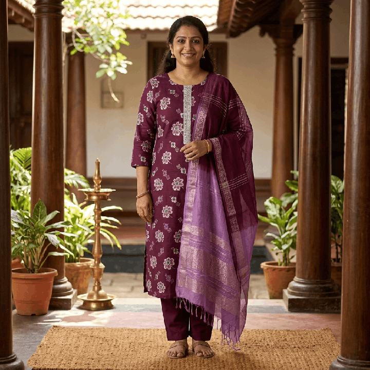 Plum Floral Printed Kurta Set with Embroidered Placket & Shaded Dupatta