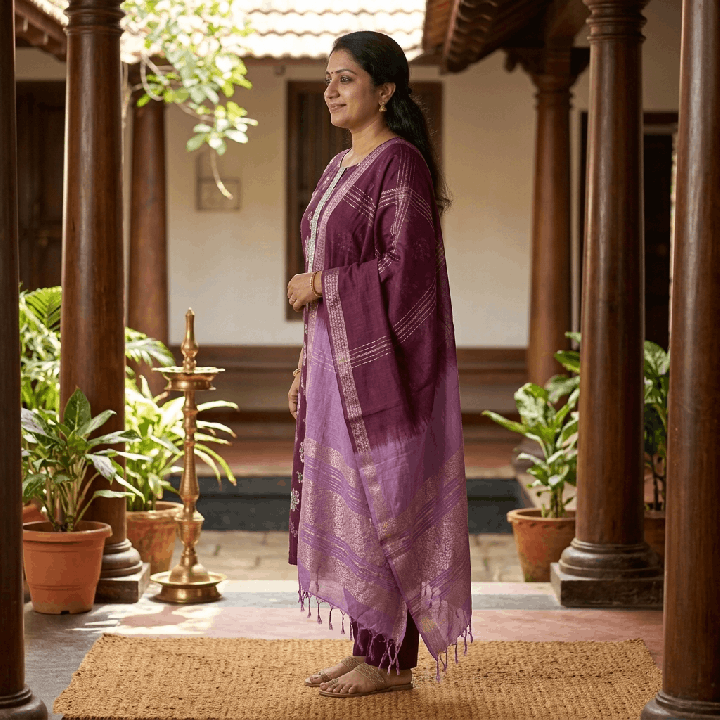 Plum Floral Printed Kurta Set with Embroidered Placket & Shaded Dupatta
