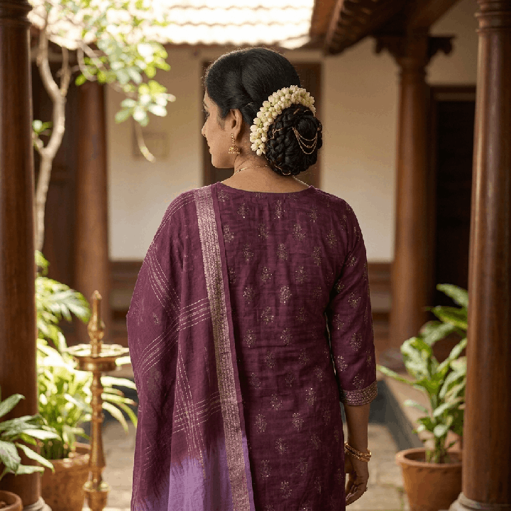Plum Floral Printed Kurta Set with Embroidered Placket & Shaded Dupatta
