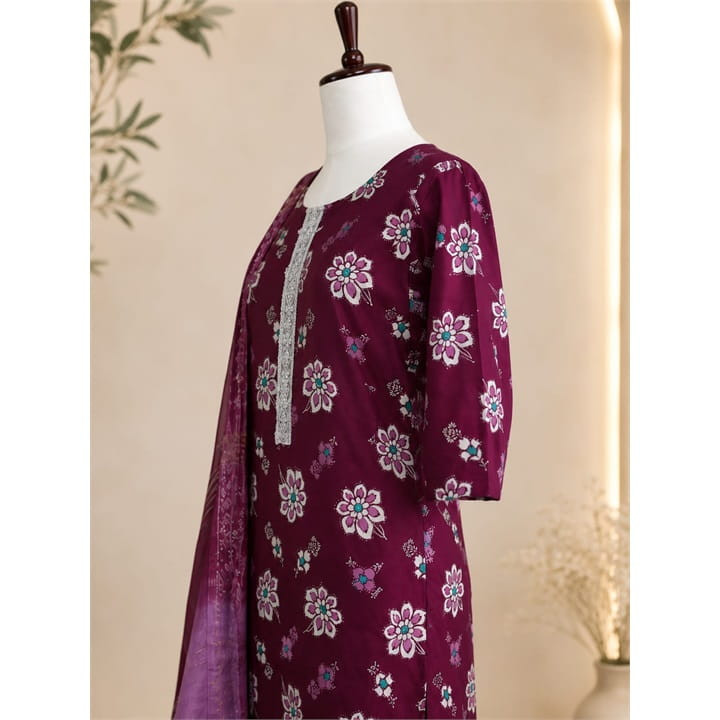 Plum Floral Printed Kurta Set with Embroidered Placket & Shaded Dupatta
