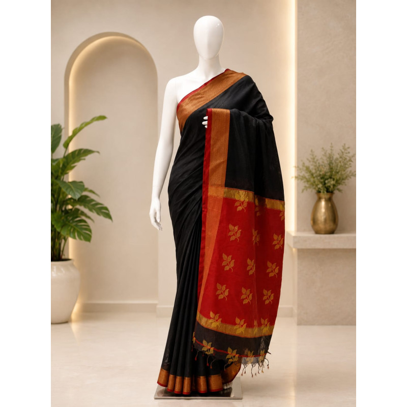 Elegant Black And Red Semi Silk Saree