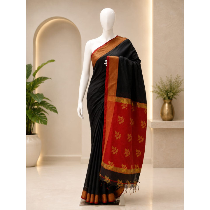 Elegant Black And Red Semi Silk Saree