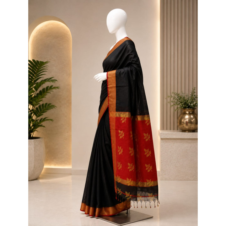 Elegant Black And Red Semi Silk Saree