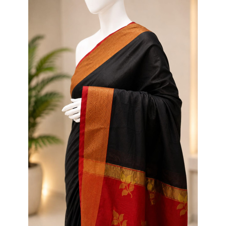 Elegant Black And Red Semi Silk Saree