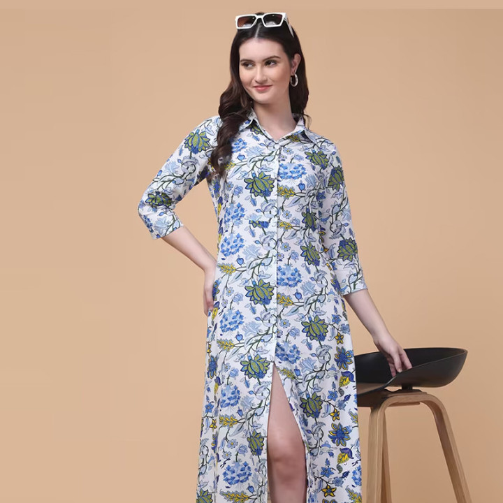 Women floral print collared shirt dress